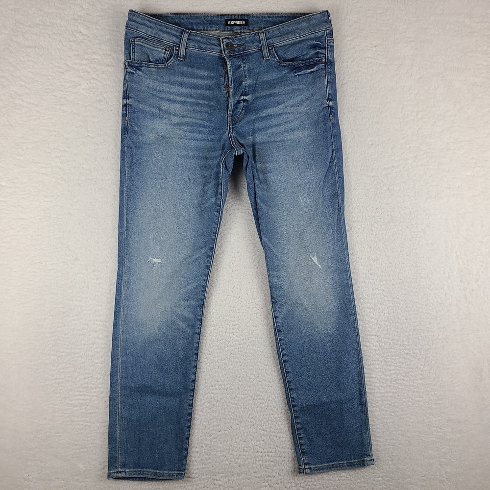 EXPRESS Jeans‎ Mens 34x30 Blue Slim Distress Hyper Stretch Button Fly Light Wash